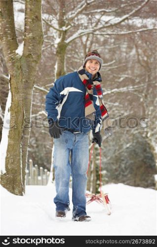 Man Pulling Sledge Through Winter Landscape