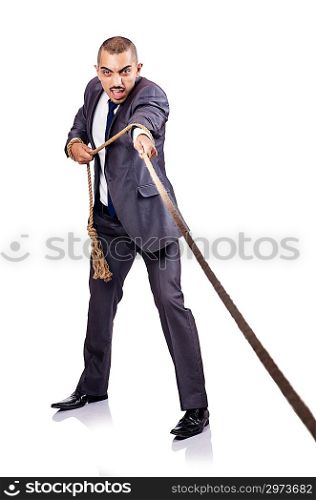 Man pulling the rope on white