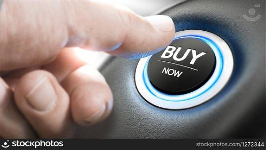 Man pushing a car start button with the text buy now. Call for action concept. Composite image between a finger photography and a 3D background.. Buy a New Car Now