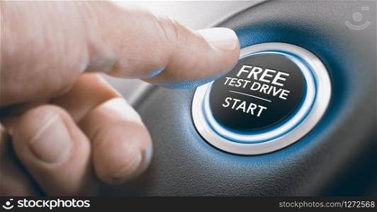 Man pushing a free test drive button. Composite image between a finger photography and a 3D background.. Free Test Drive Offer.