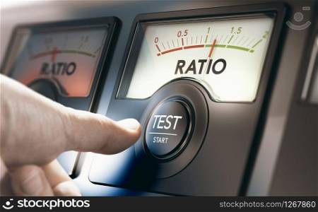 Man pushing an acid test button to measure financial liabilities of a company or organization. Composite image between a hand photography and a 3D background.. Financial Indicator, Solvency and Liquidity Test