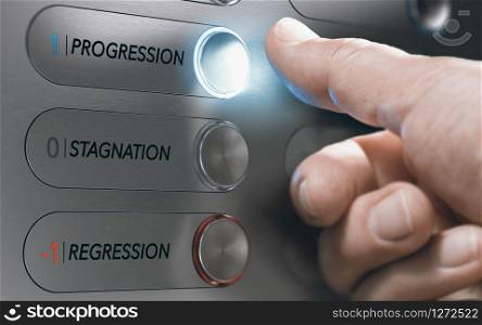 Man pushing an elevator button where it is written he words progression, stagnation and regression. Successful life choice or career advancement concept. Composite image between a hand photography and a 3D background.. Life choices and Change Decisions. Career Advancement