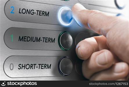 Man pushing an elevator buttons where it is written long term. Investment Concept. Composite image between a hand photography and a 3D background.. Asset Management, Long-Term Investment or Project Concept