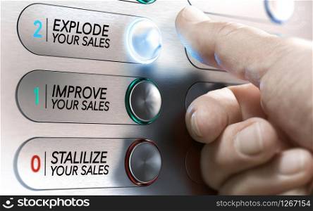 Man pushing an elevator buttons where it is written stabilize, improve or explode your sales. Salesforce motivational concept. Composite image between a hand photography and a 3D background.. Explode your Sales, Salesforce Motivation