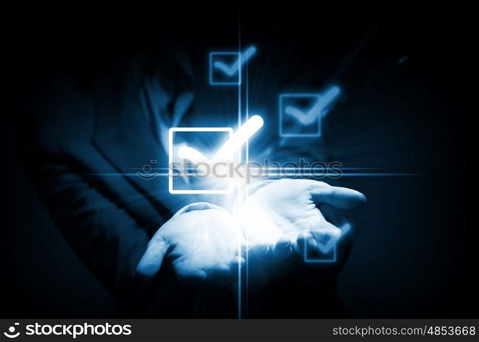 Man pushing icon. Close up businessman touching ticking icon of media screen