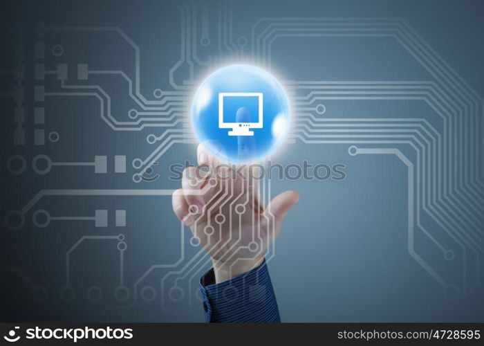 Man pushing icon. Close up of businessman touching icon on media screen
