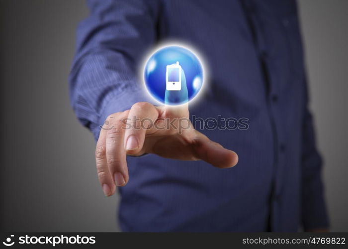 Man pushing icon. Close up of businessman touching icon on media screen