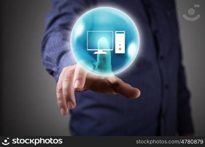 Man pushing icon. Close up of businessman touching icon on media screen