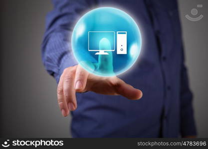 Man pushing icon. Close up of businessman touching icon on media screen