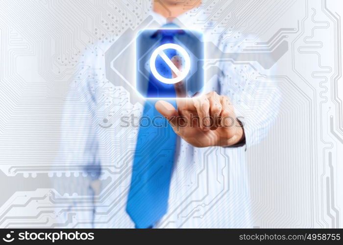 Man pushing icon. Close up of businessman touching icon on media screen