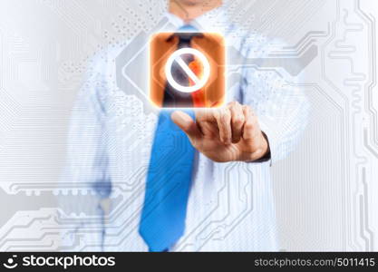 Man pushing icon. Close up of businessman touching icon on media screen