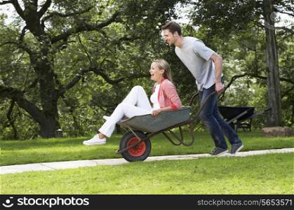 Man Pushing Woman In Wheelbarrow
