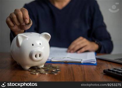 Man putting coin in piggy bank. investment and money saving, banking and finance, accounting and tax Business concept.