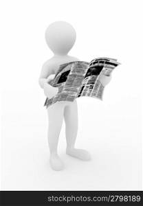Man reading newspaper on white isolated background. 3d