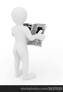 Man reading newspaper on white isolated background. 3d