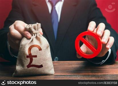 Man refuses to give out british pound sterling money bag. Financial difficulties. Economic sanctions, confiscation of funds. Refusal to provide a loan, bad credit history. Asset freeze seizure.