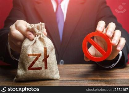 Man refuses to give out polish zloty money bag. Refusal to provide a loan, bad credit history. Financial difficulties. Economic sanctions, confiscation of funds. Asset freeze seizure.