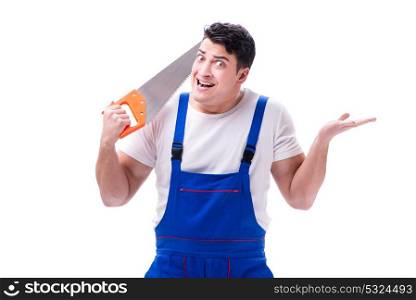 Man repairman with hand saw on white background isolated