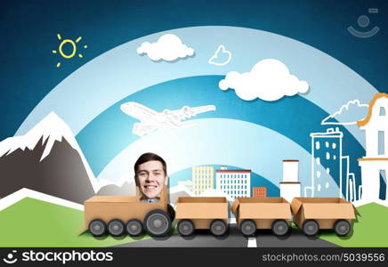 Man ride paper train . Funny cartoon image of businessman riding carton box