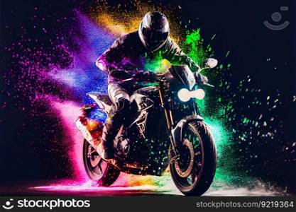 Man riding a motorcyc≤with splashes of pa∫. Moto racer.  Ge≠rative AI 