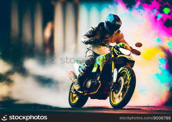 Man riding a motorcycle with splashes of paint. Moto racer.  Generative AI
