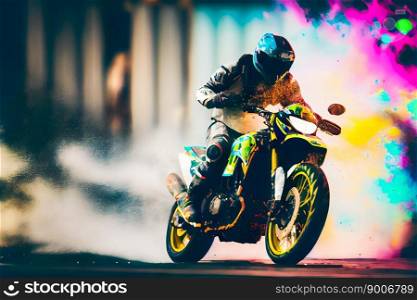 Man riding a motorcycle with splashes of paint. Moto racer.  Generative AI
