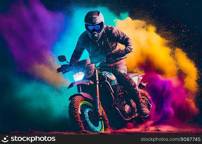 Man riding a motorcycle with splashes of paint. Moto racer.  Generative AI 
