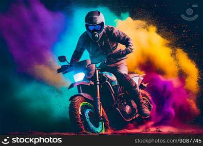 Man riding a motorcycle with splashes of paint. Moto racer.  Generative AI 