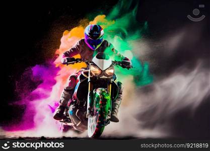 Man riding a motorcycle with splashes of paint. Moto racer.  Generative AI
