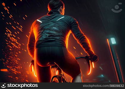 Man riding bike night background. Illustration AI Generative