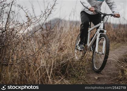 man riding mountain bike special equipment with copy space 3
