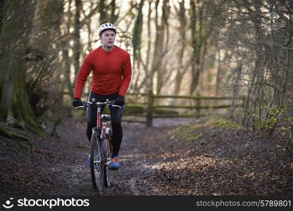 Man Riding Mountain Bike Through Woodlands