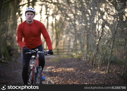 Man Riding Mountain Bike Through Woodlands