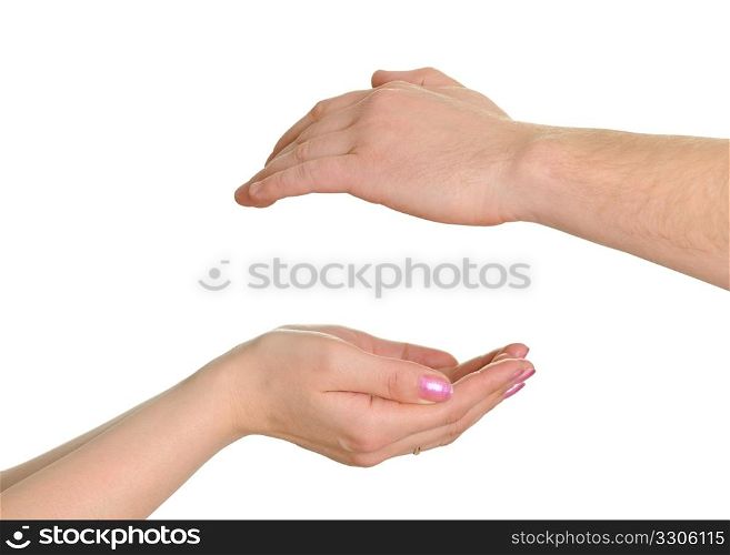 Man&rsquo;s and female hand isolated on white background