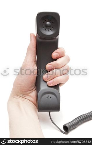 man&rsquo;s hand holding the phone isolated on white background