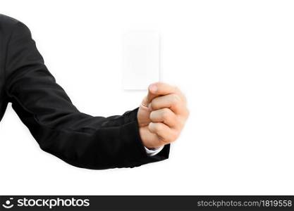 Man&rsquo;s hand in suit holding white business card isolated on white background, with clipping path.