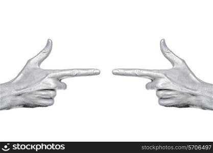 man&rsquo;s hand with index finger in a silvery paint isolated on white background