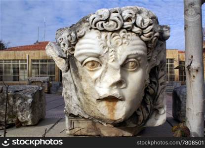 Man&rsquo;s head near entrance to Aphrodisias museum, Turkey