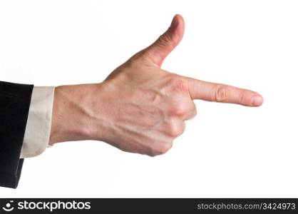 Man&rsquo;s pointing index finger, suit and white isolated background.
