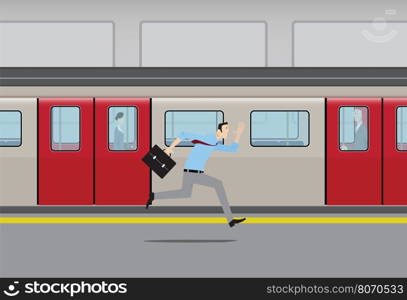 Man running to catch subway train.