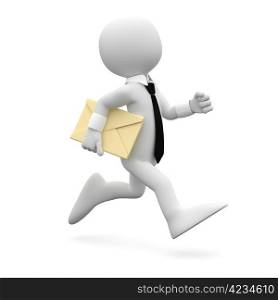 Man running with suit and tie, with a letter under his arm. Rendered at high resolution on a white background with diffuse shadows.