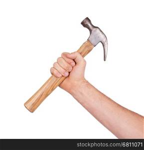 Man's hand holding hammer, isolated on white