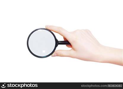 Man's hand holding magnifying glass