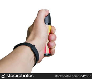 man?s hand holds a can of tear gas ahead of him isolated on white background. hand hold gas. hand hold gas