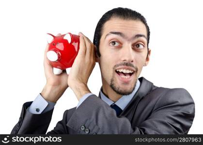 Man saving his money in the piggybank