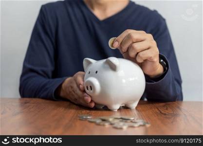 Man saving money in a piggybank. Business saving and money financial investment concept.