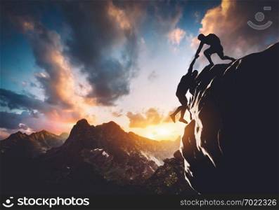Man saving other man from falling off the cliff. Teamwork, helping people. 3D illustration.. Man saving and helping other man.