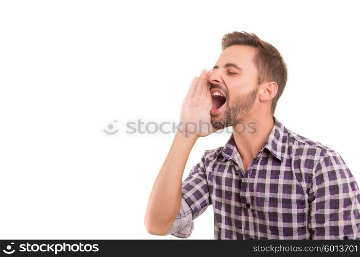 Man screaming at someone, isolated over a white background