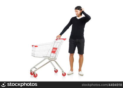 Man shopping with supermarket basket cart isolated on white