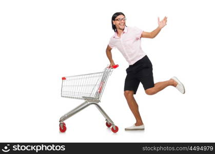 Man shopping with supermarket basket cart isolated on white